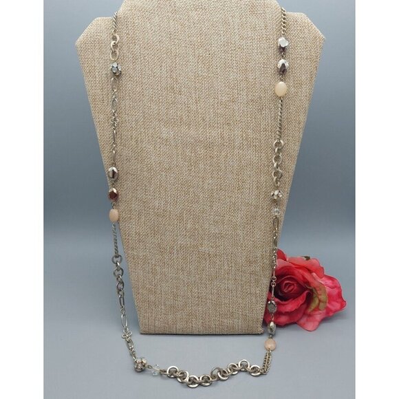 Loft Brushed Gold Tone Chain & Bead Station Necklace Crystals 36" Long - Picture 3 of 12